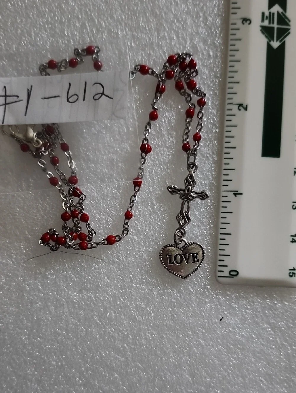 Hand Crafted Silver-Tone Cross with Red Beaded Chain and LOVE Heart Charm